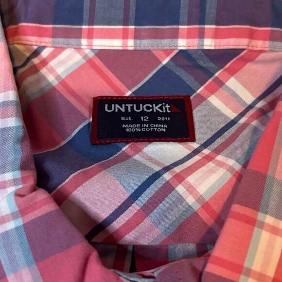 UNTUCKit Plaid Button Down Shirt Red Navy Cotton Size 12 NWT - Picture 4 of 5